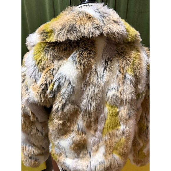 ZARA Multicolor Faux Fur Jacket | Plush | Tan Gray Yellow Short Coat S/M - Picture 3 of 7